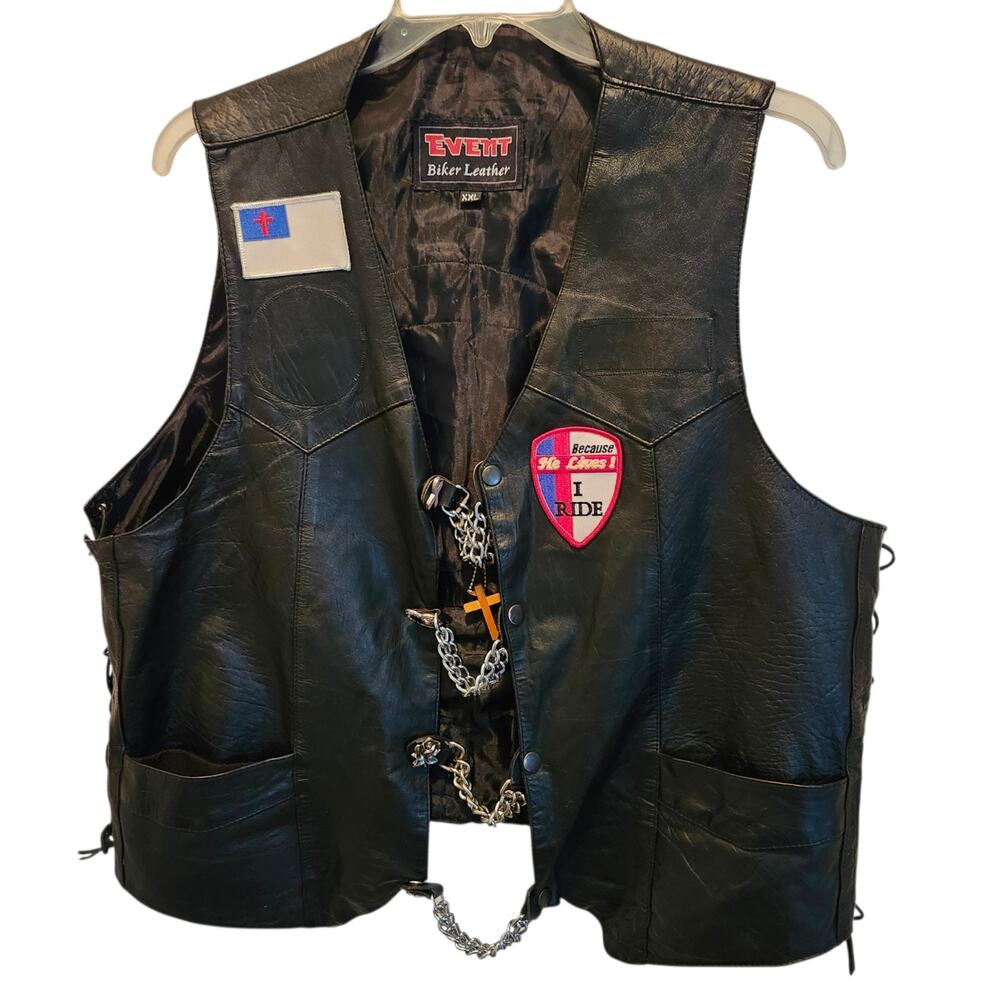 Womens Biker Black Leather Vest Christian DIY Patches & Hardware Sz XXL Novelty